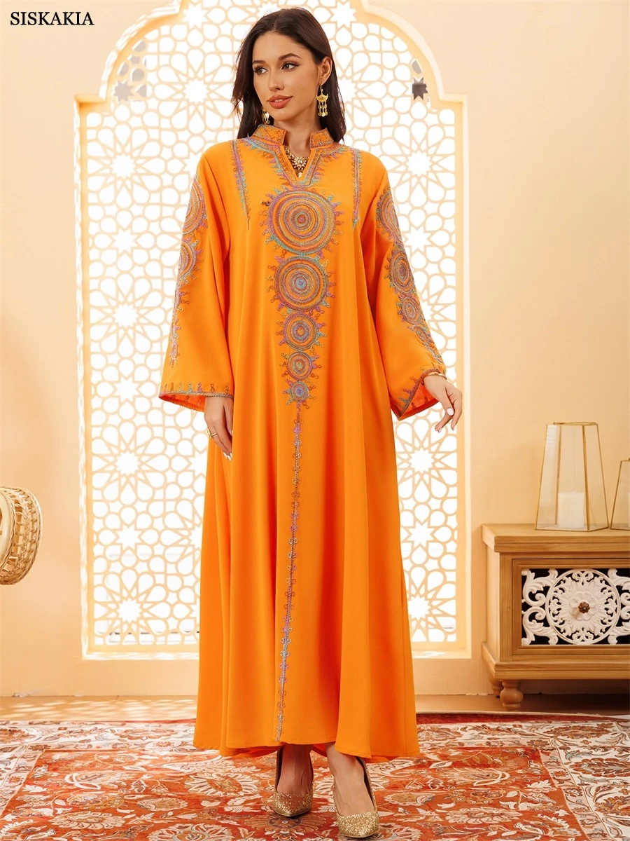 Siskakia Ramadan Muslim Women's Jacquard Embroidery abaya Dubai Solid Fashion Kaftan Polyester Saudi Women Evening Dress