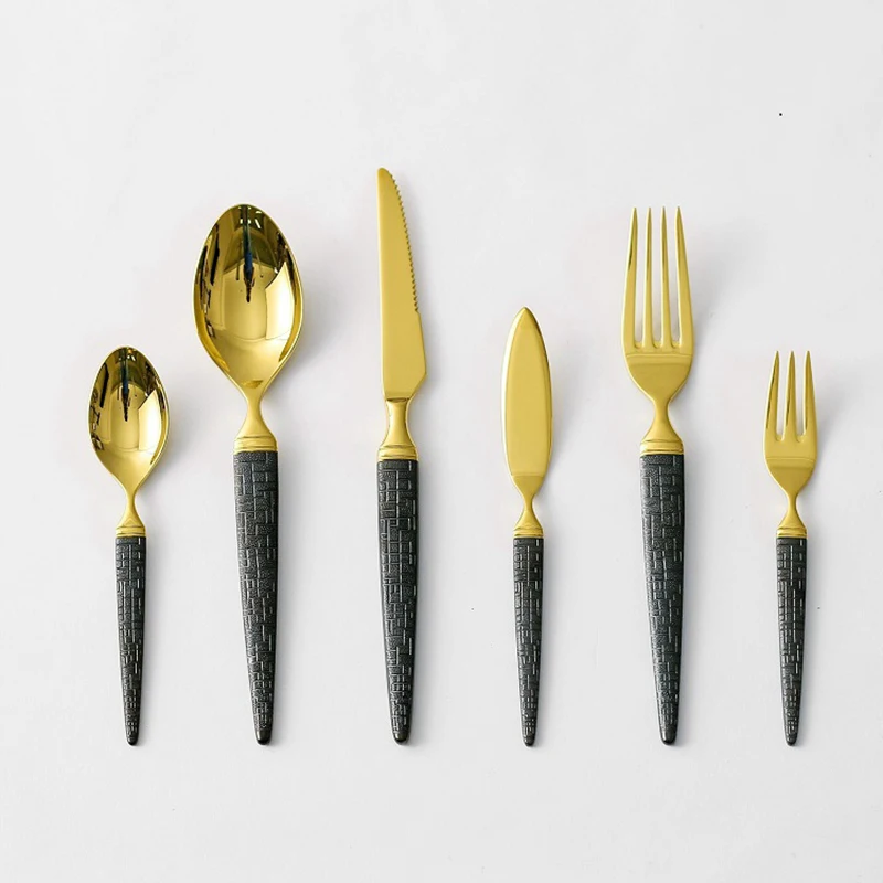 

Jogo de talheres Jantar Stainless Steel Cutelry Set 6 Pieces Knife Fork Spoon Kit Egyptian Pyramid Shape Handle Tableware