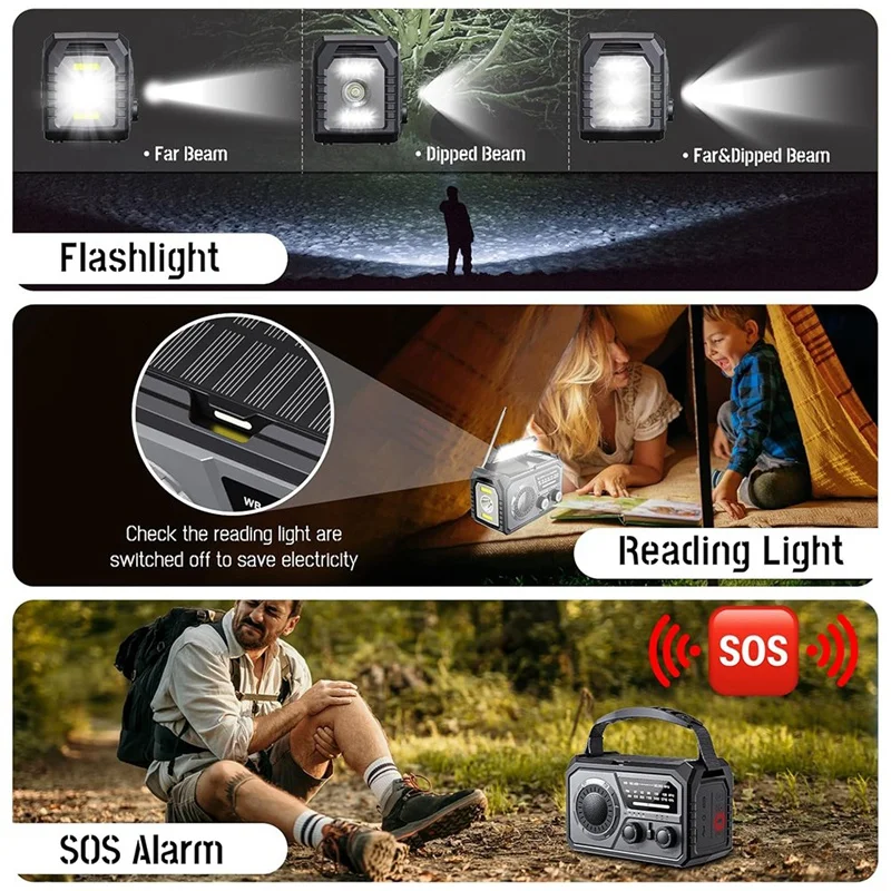 Аварийное радио H21 Bluetooth 5 3 с рукояткой солнечное NOAA/AM/FM фонариком SOS Alert 16000 мАч