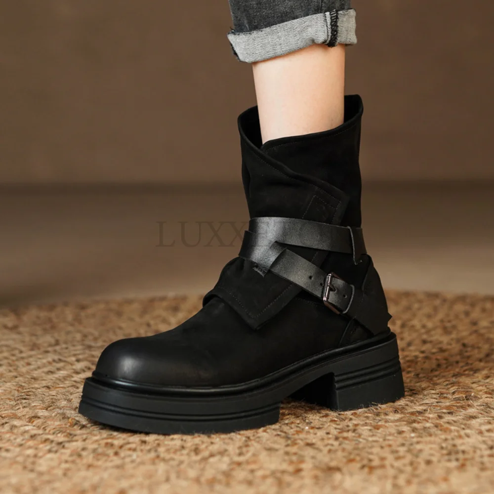 Autumn/Winter Women Boots Round Toe Chunky Heel Shoes Women Genuine Leather Boots Zipper Short Boots Motorcycle Boots for Women