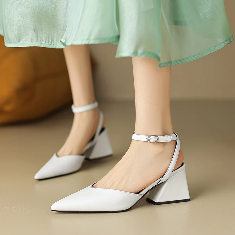 2023 Spring Summer Split Leather Sandals Women's Chunky Pointed Toe Fashion Casual Shoes Ladies Shoes  Luxury Sandals