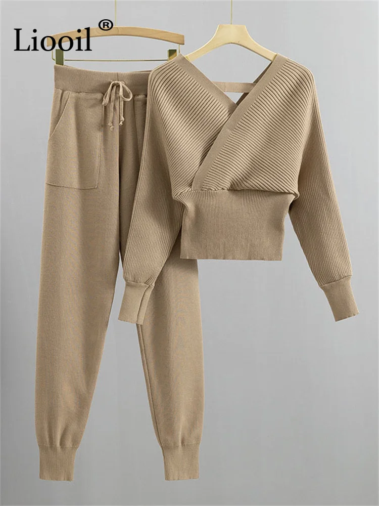 

Комплект одежды Liooil из двух предметов, трикотажный свитер в рубчик, трикотажные топы с длинным рукавом и брюки с карманами, трикотажный женский