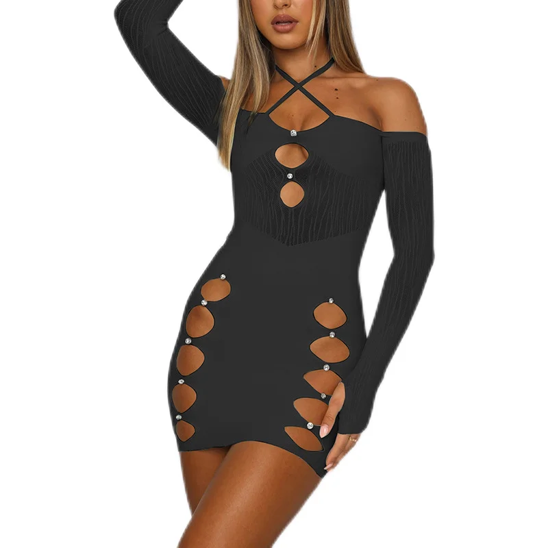 

Женское облегающее платье с длинным рукавом, соблазнительное обтягивающее платье с вырезами для ночного клуба, модная уличная одежда, Клуб...