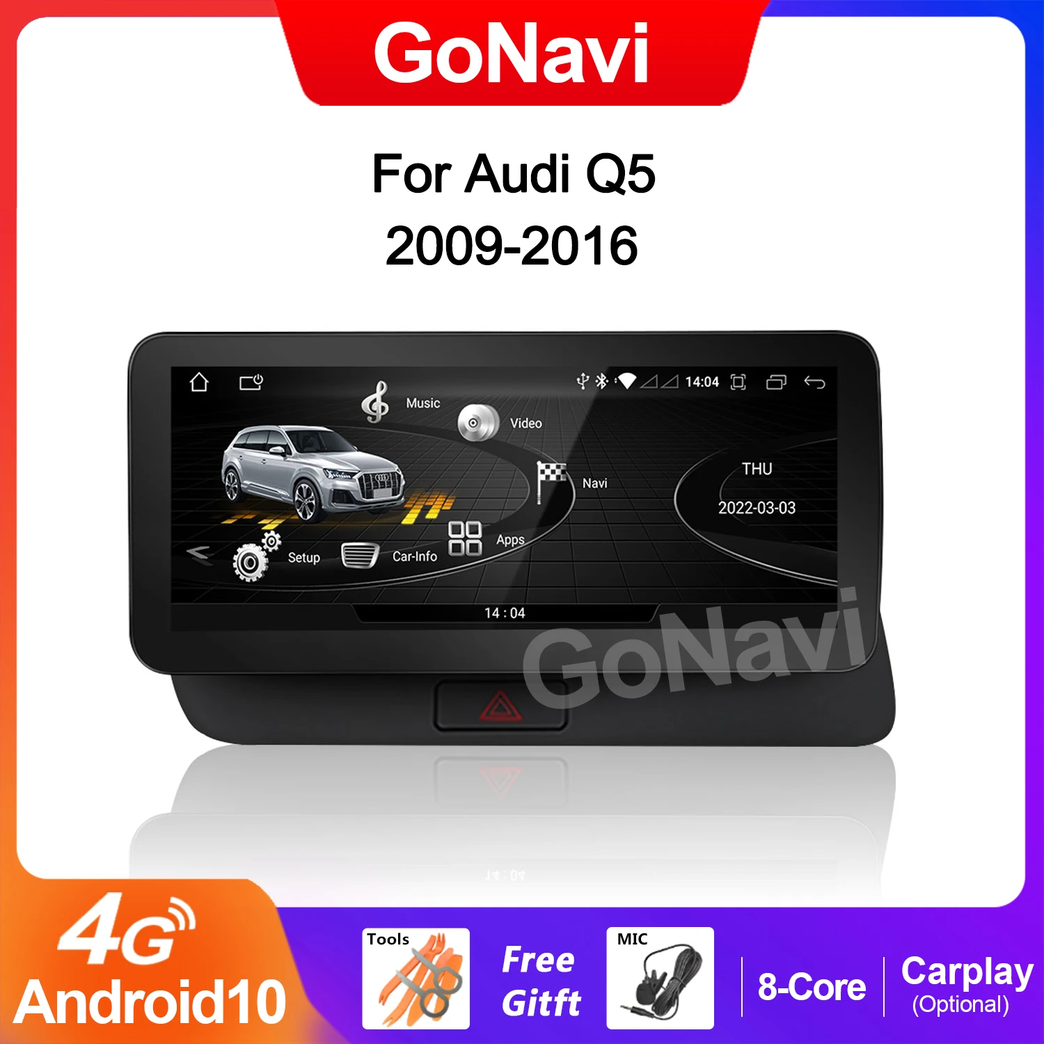 

GoNavi 8 Core Android 10 System Car Stereo for Audi Q5 2009-2016 4G SIM Split Screen BT GPS Navi Multimedia Wireless Carplay