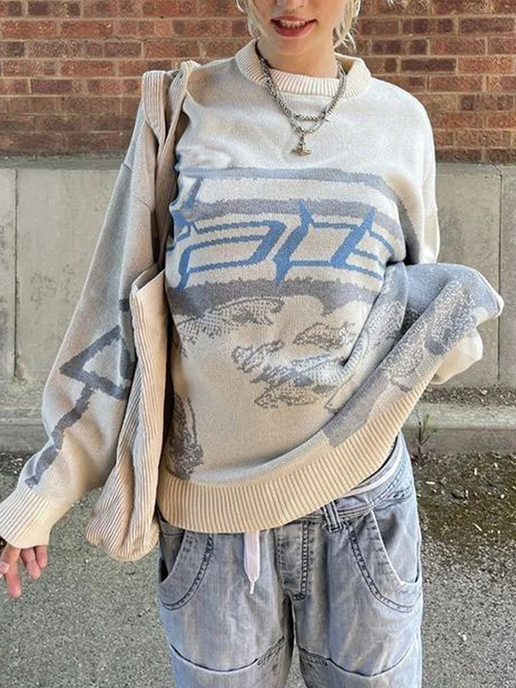 

Women Pullover Sweater Creative Knitted Streetwear Ladies Oversize O Neck Knitwear Female Fashion Long Sleeve Top Pull Femme