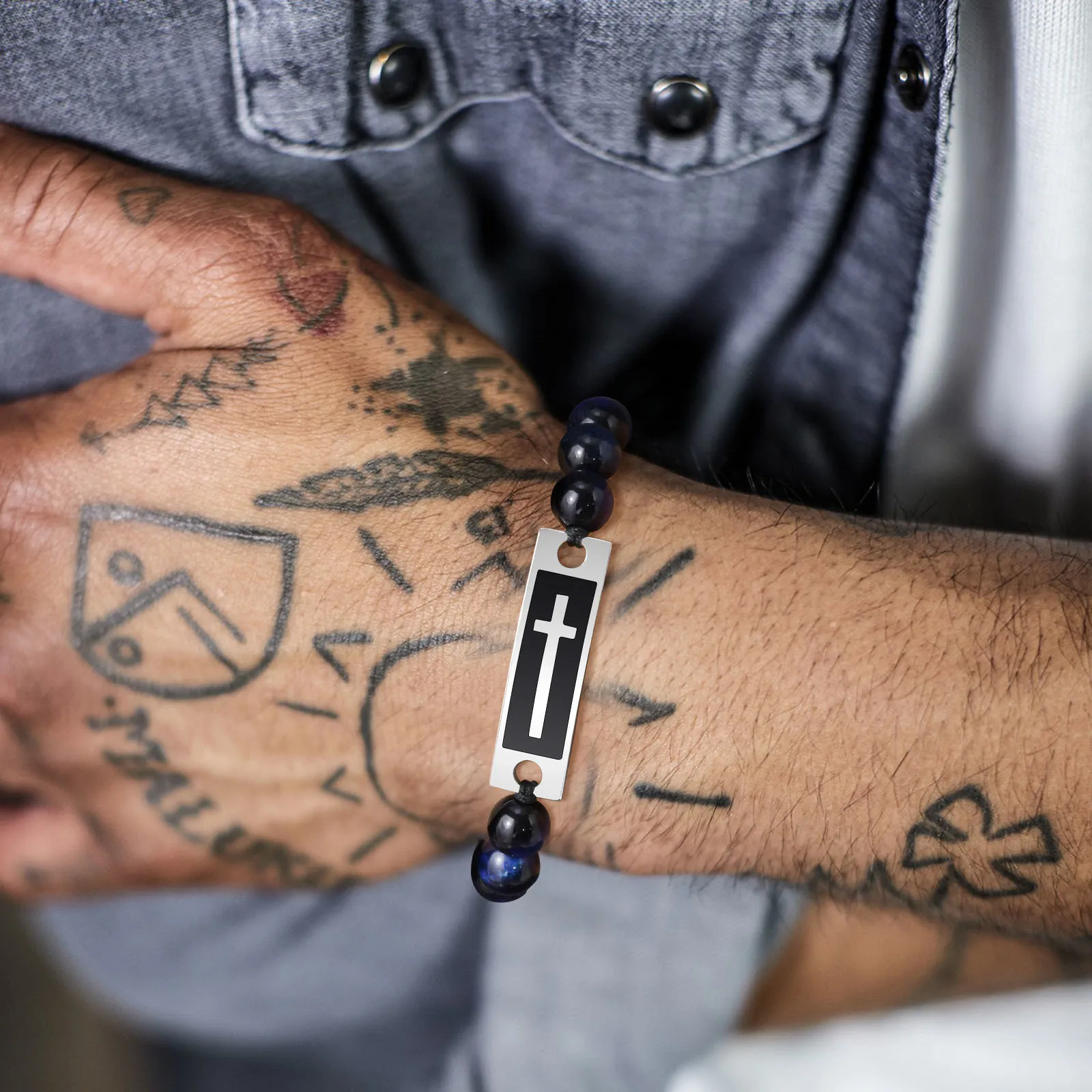 

Stylish Blue Beads Charm Strand Bracelets for Men, Cross Religious Wristband with Handmade Rope Chain Length Adjustable