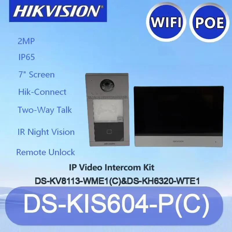 Фото Видеодомофон Hikvision DS-KIS604-P(C) 7'', 2 МП, Wi-Fi, PoE, двусторонняя аудиосвязь, ИК ночное видение, IP65, для домашней безопасности №1