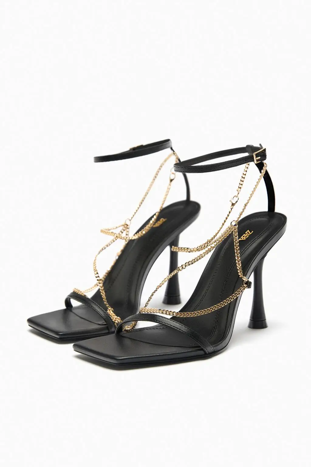 

2023 Summer Black Chain Detail Decorated Leather High Heel Sandals Fine Heel Square Head Sexy Open Toe One Strap High Heels