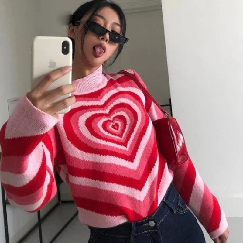 

Y2K Knitted Sweater Aesthetics Heart Striped Pullovers Sweater Girls Sweet Long Sleeve O-Neck Knitwear Jumper Autumn Streetwear