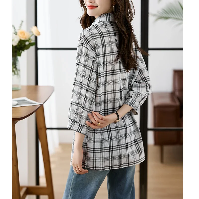 Женская шифоновая рубашка в клетку с рукавом