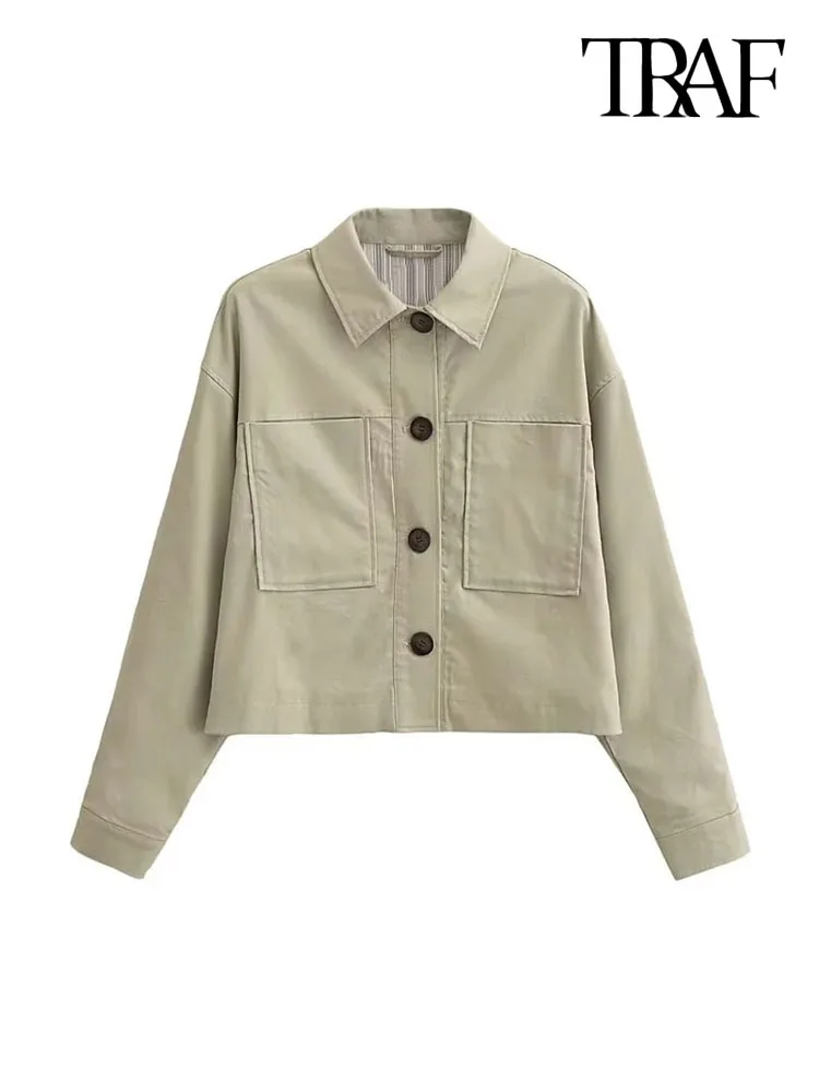 

TRAF Women Fashion With Pocket Oversized Linen Jacket Coat Vintage Long Sleeve Button-up Female Outerwear Chic Tops