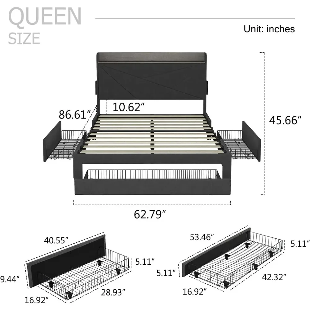 Каркас кровати размера queen-size с 3-мя ящиками и местом для хранения изголовья