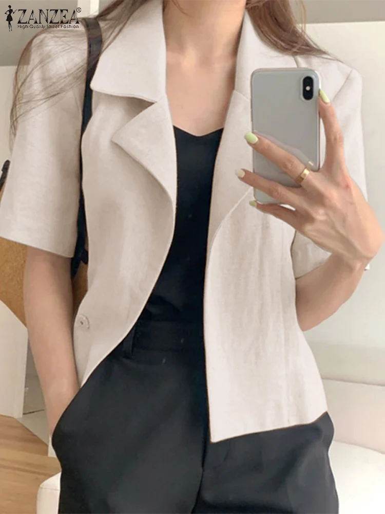 ZANZEA Fashion Blazer Summer Lapel Neck Shirt Woman Solid Color Short Sleeve OL Blouse Femme Casual Streetwear Tops Blusas Mujer