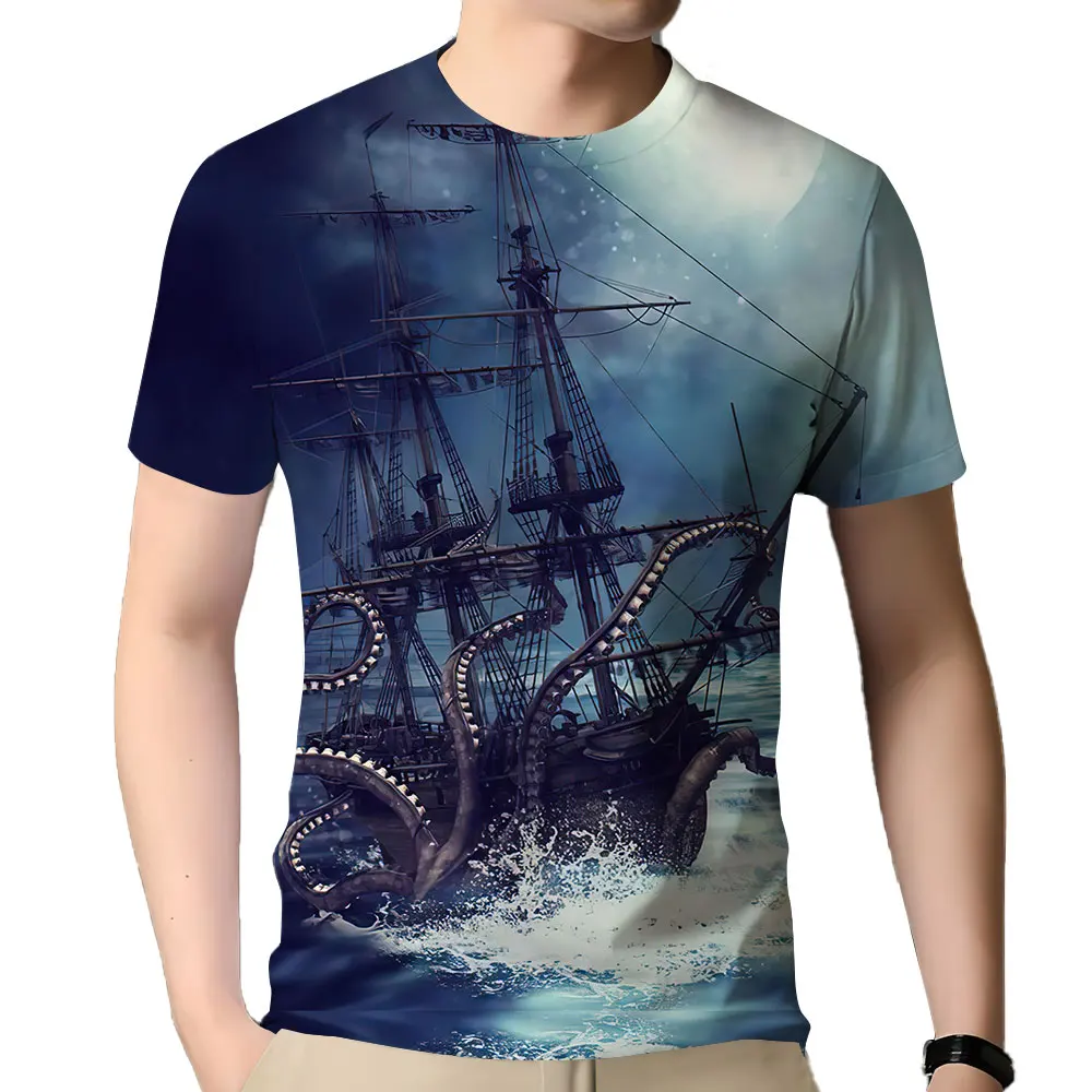 

Men's Summer Short Sleeve 3D T-shirt Cool Pirate Ship Print Tee Top Oversized Sailboat Print T-shirt Men's Wear