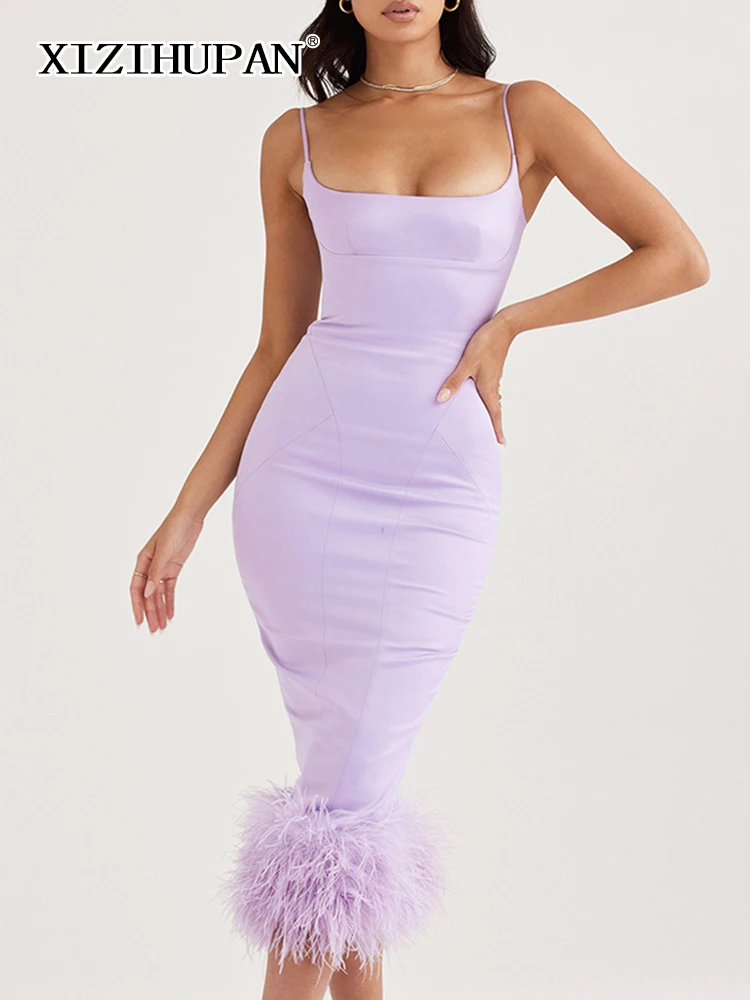 

XIZIHUPAN Sexy Solid Sling Dress For Women Square Collar Sleeveless High Waist Patchwork Feathers Midi Dresses Female New Style