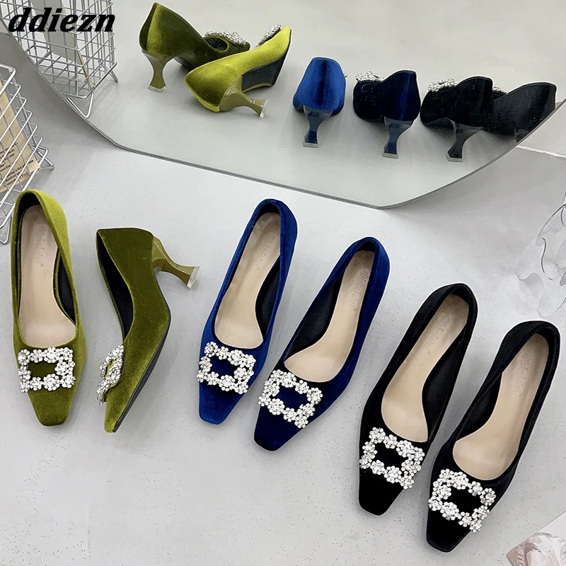 

New 2023 Fashion Rhinestones Shallow Women High Heels Sandals Silk Sexy Ladies Pumps Footwear Shoes Square Toe Female Sandals