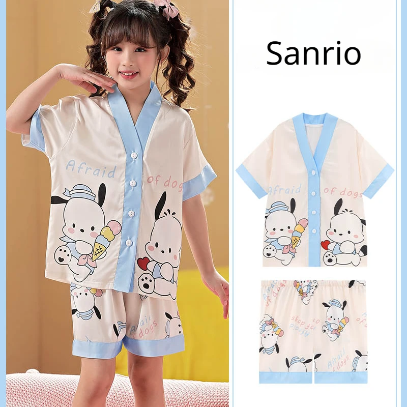 

Kawaii Sanrio Cinnamoroll Kuromi детские пижамы мультфильм Kuromi My Melody летний Кардиган для девочек ледяной шелк пижама из двух частей подарок