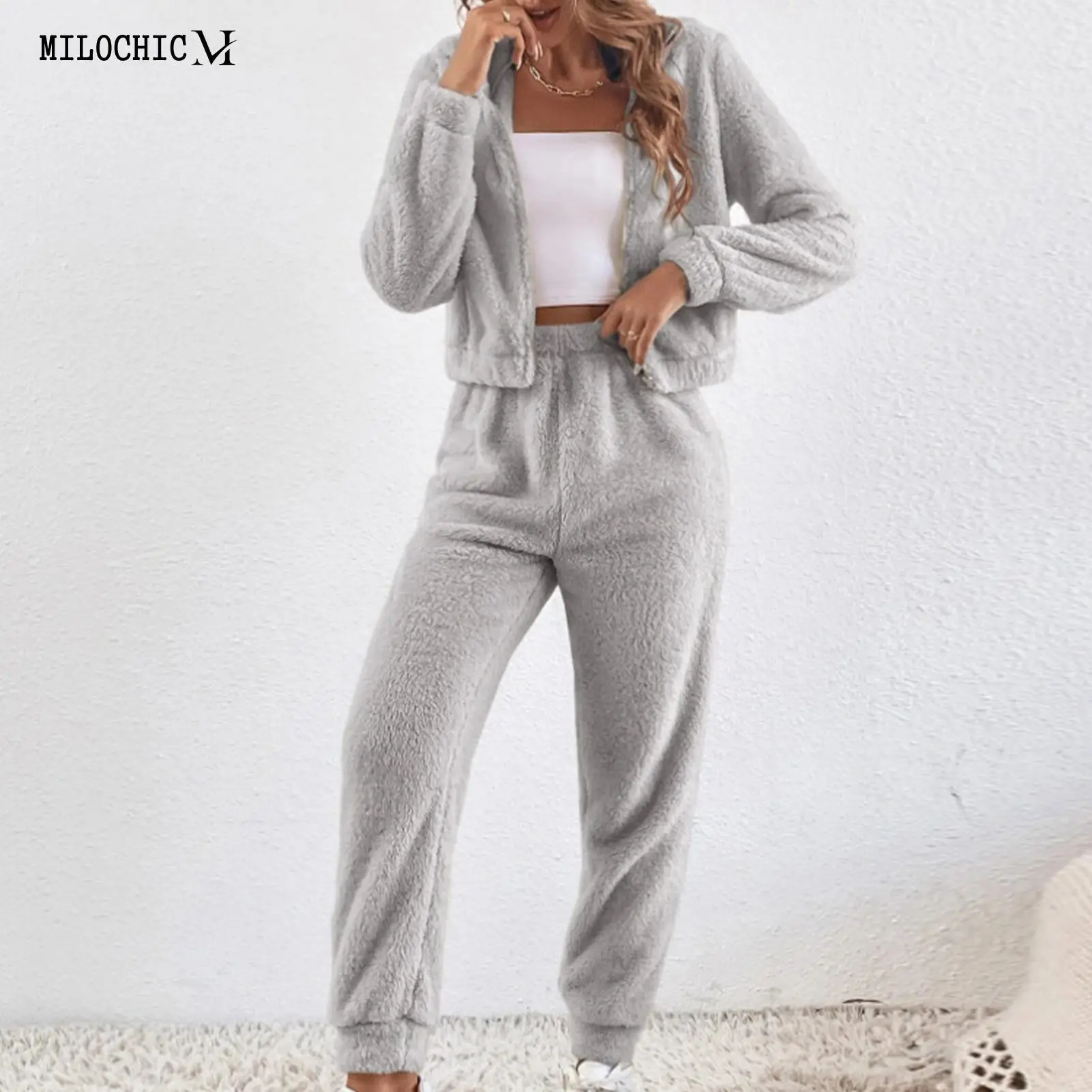 

Women Cropped Nightshirt with Pant Set Soft Zip Up Hoodie & Elastic Waist Trouser Comfy Cozy Solid Color Fuzzy Loungewear