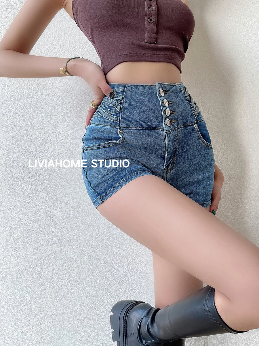 

Summer New Sweet Retro Sexy High Waist Slim Straight Denim Shorts Solid Color Single-breasted Fashion Women's Clothing HF0D