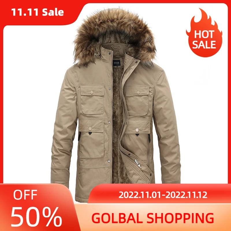100% Cotton Men Fleece Hooded Down Jacket Winter Mens Thicken Warm Fashion Parkas Coat jaqueta masculina
