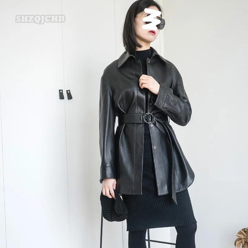 2022 Spring Fashion Women's Leather Dress Temperament Genuine Leather Mid Long Belt Lapel Leather Shirt Sheepskin Coat