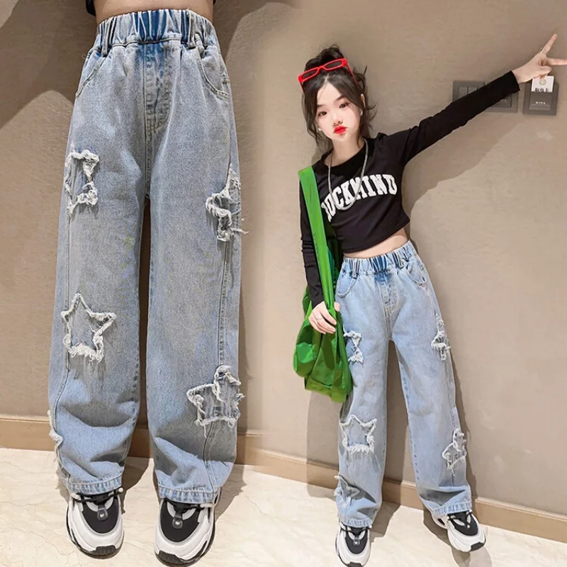 Весенние джинсовые брюки для девочек-подростков с широкими штанинами детские