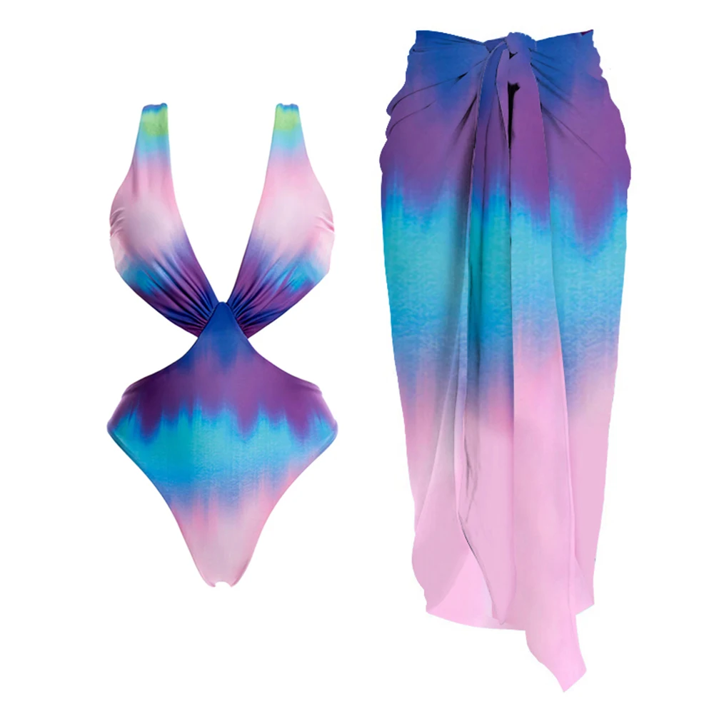 

Summer Gradient Print Swimsuit Women Fashion Hanging Neck Hollow Out Swimwear Sexy V Neck Backless Bikini Cover Up