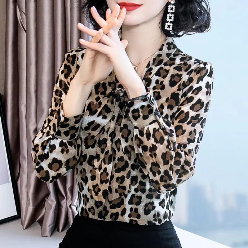 Женская блузка рубашка женская с длинным рукавом Осень Леопардовый принт