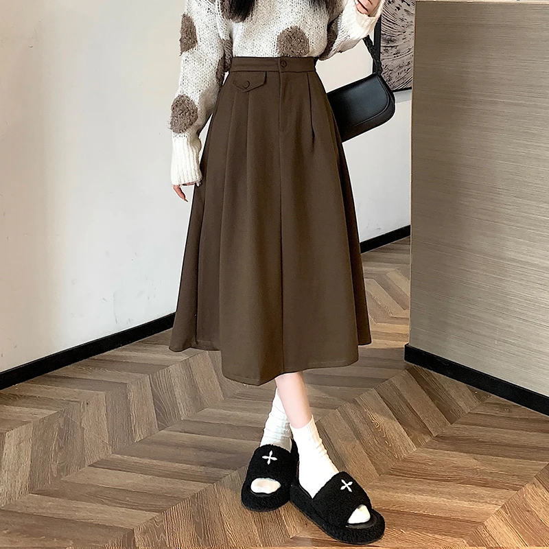 

Autumn and Winter New Loose Waist Sagging Feeling Swing Loose Skirt Women's High Waist Over the Knee Pure Color Puffy Skirt In a