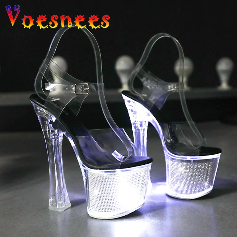 

Model Stage Show 17.5CM High Heels 2022 Women Fashion Party Crystal Sandals Nightclub LED Light Up Glowing Sexy Pole Dance Shoes