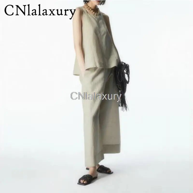 

CNlalaxury 2023 летний модный новый женский льняной скрещивающийся с открытой спиной однотонный жилет брюки костюм простые свободные брюки Повсе...
