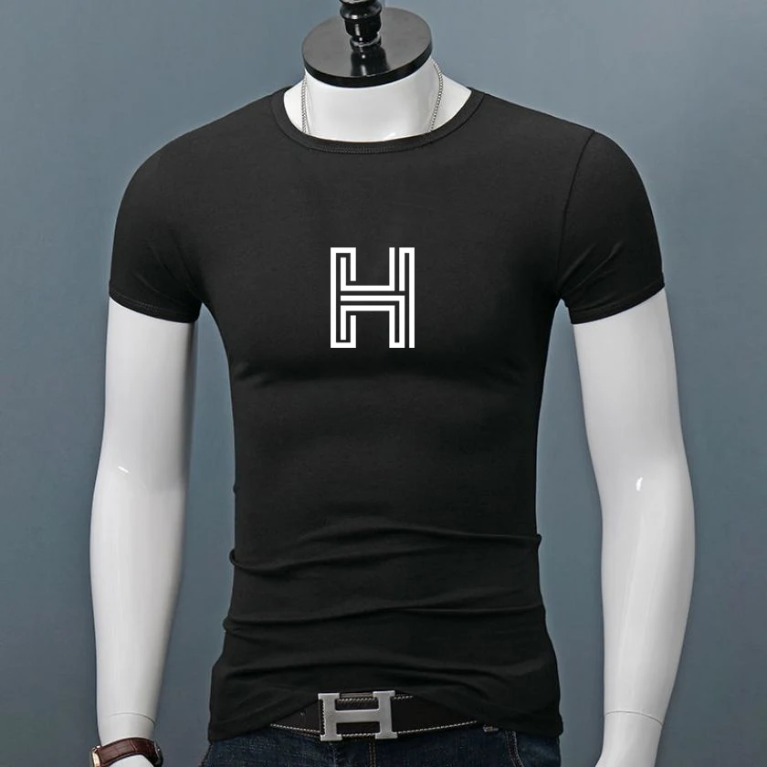 

Summer Short-Sleeved T-shirt Male Fashion Brand Ins Network Red H Letter Print Mercerized Cotton Young Student Crew Neck Shirt