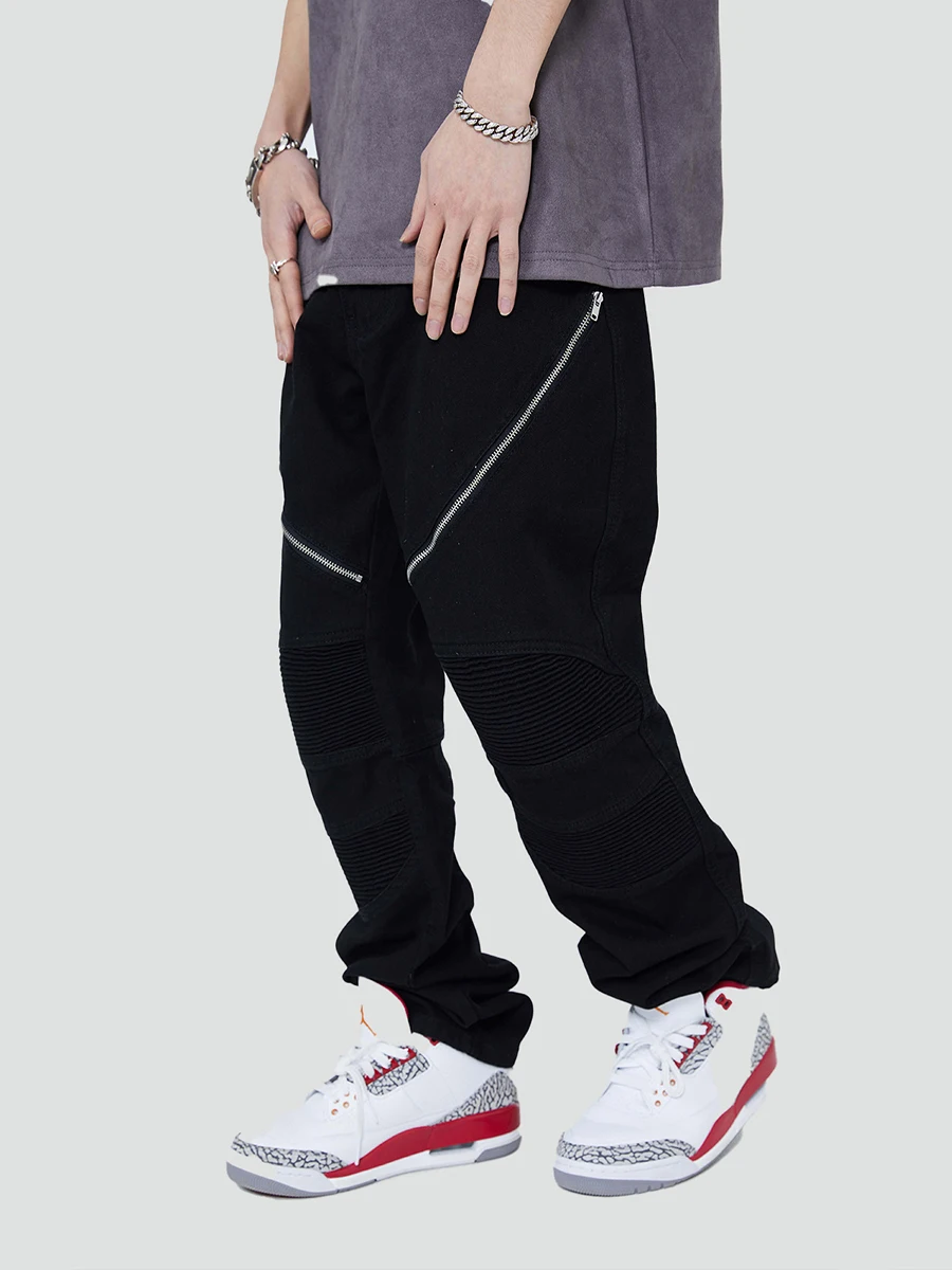 Four Seasons Men's Jeans Street Vibe Trend Zipper Pleated Design Trousers Loose Straight Jeans Men's Streetwear Men Ins Hot Sale