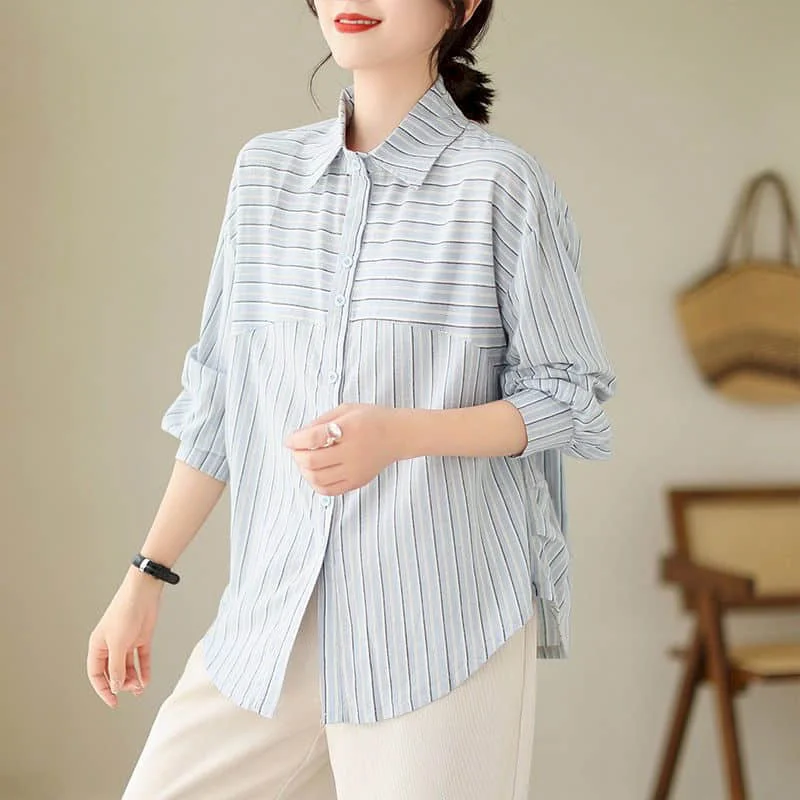 Женская рубашка-поло в полоску с длинным рукавом