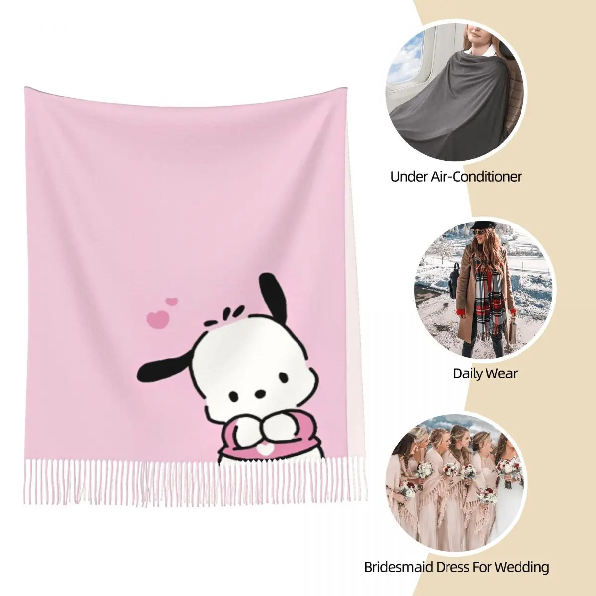 Женский шарф с кисточками милый Pochacco Kawaii Dog большая зимне-осенняя шаль и накидка