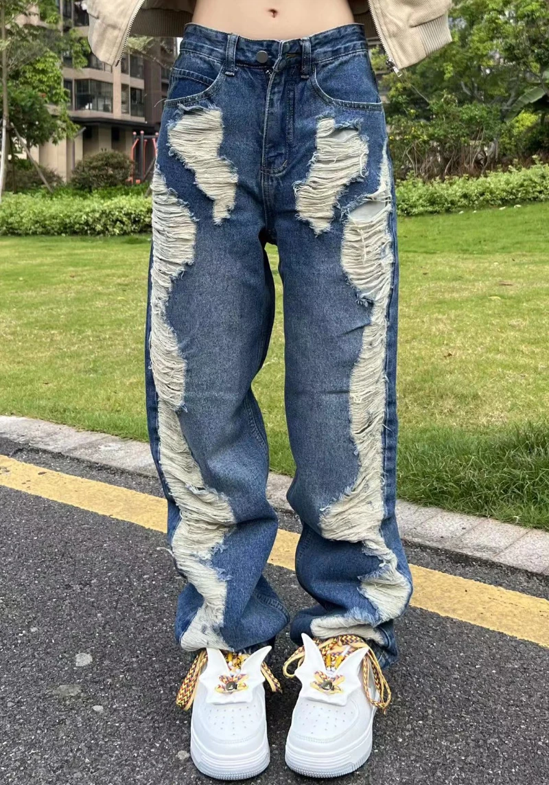 Mens Harajuku Destoryed Ripped Holes Zipper Straight Jeans Women Fashion Hip Hop Streetwear New Casual Joggers Denim Jeans Pants
