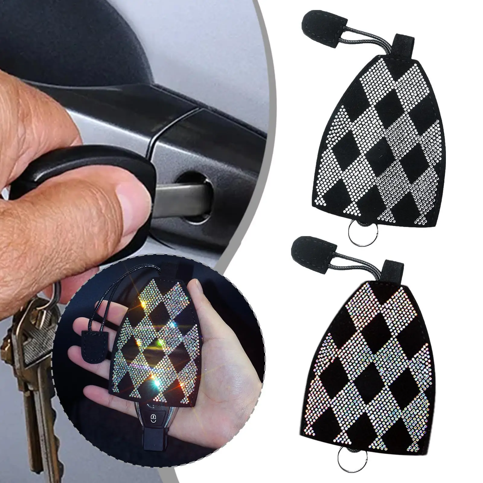 

1pc New Cute Creative Unisex Pull Type Key Bag PU Leather Key Hot Drilling Shiny For Car Key Holder Case Leather Keychain Decor