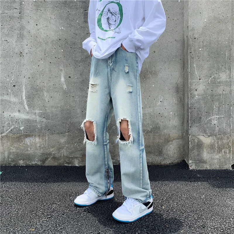 Summer Blue Baggy Jeans Men Fashion Casual Hole Straight Jeans Men Streetwear Hip Hop Loose Wide Leg Denim Pants Mens Trousers