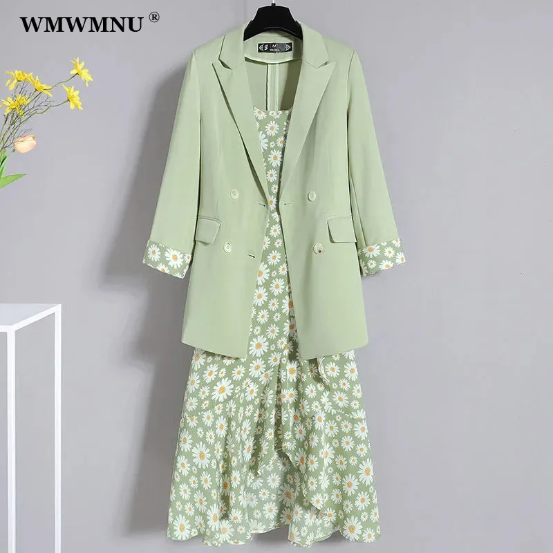 

Korean Fashion Daisy Floral Dress Suit Women 2 Piece Set Spring Summer Thin Blazer Jacket + Ruffled Spaghetti Strap Dresses Sets