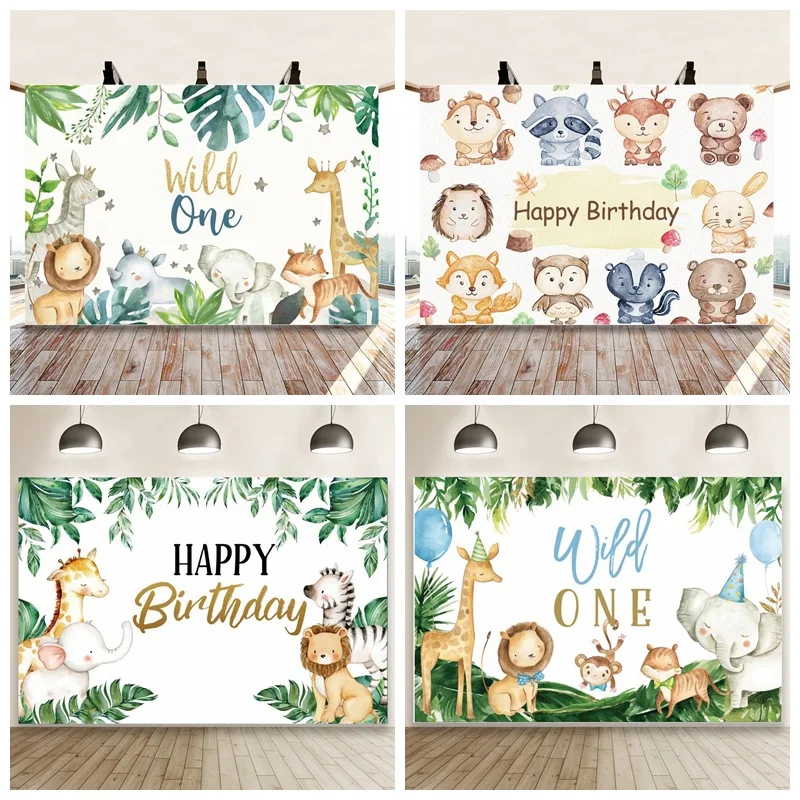 

Cute Cartoon Wild Animals Children's Party Decor New Photo Material Photography Background Cloth Wild One Woodland 1st Birthday