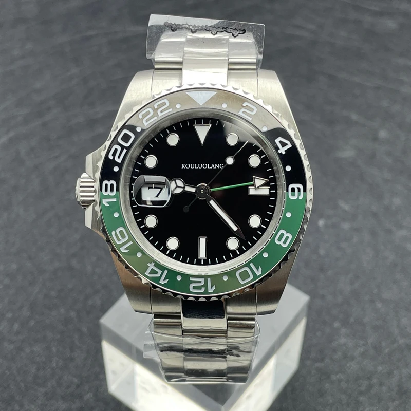 

40mm Mens Automatic Mechanical Watch GMT Waterproof Watch Luminous Rotatable Ceramic Bezel 316L Stainless Steel Left Crown