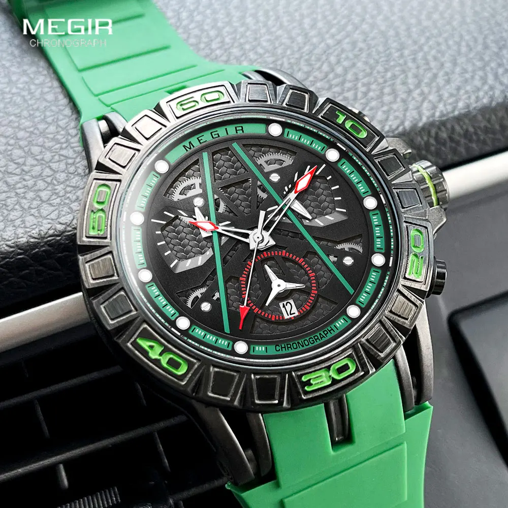 

MEGIR 8110 Men's Quartz Watch Green Silicone Strap Chronograph Sport Wristwatch with Auto Date Luminous Hands 24-hour Waterproof