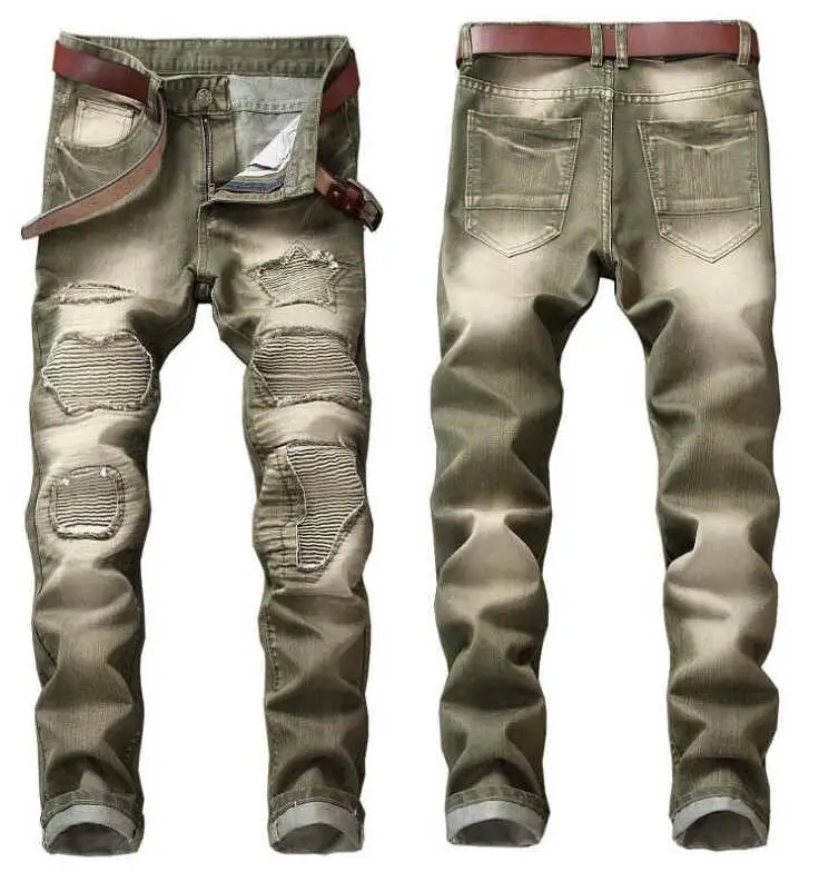 Men Jeans High Quality Retro Gold Painting Jeans Coated Stretch Slim Straight Pleated Biker Jeans Pants Male Denim Pants