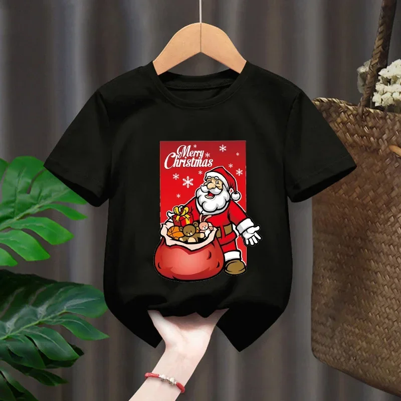 Christmas Santa Elk Short-sleeved Children's Round Neck T-shirt Casual Cartoon Red Men's and Women's Tops Harajuku