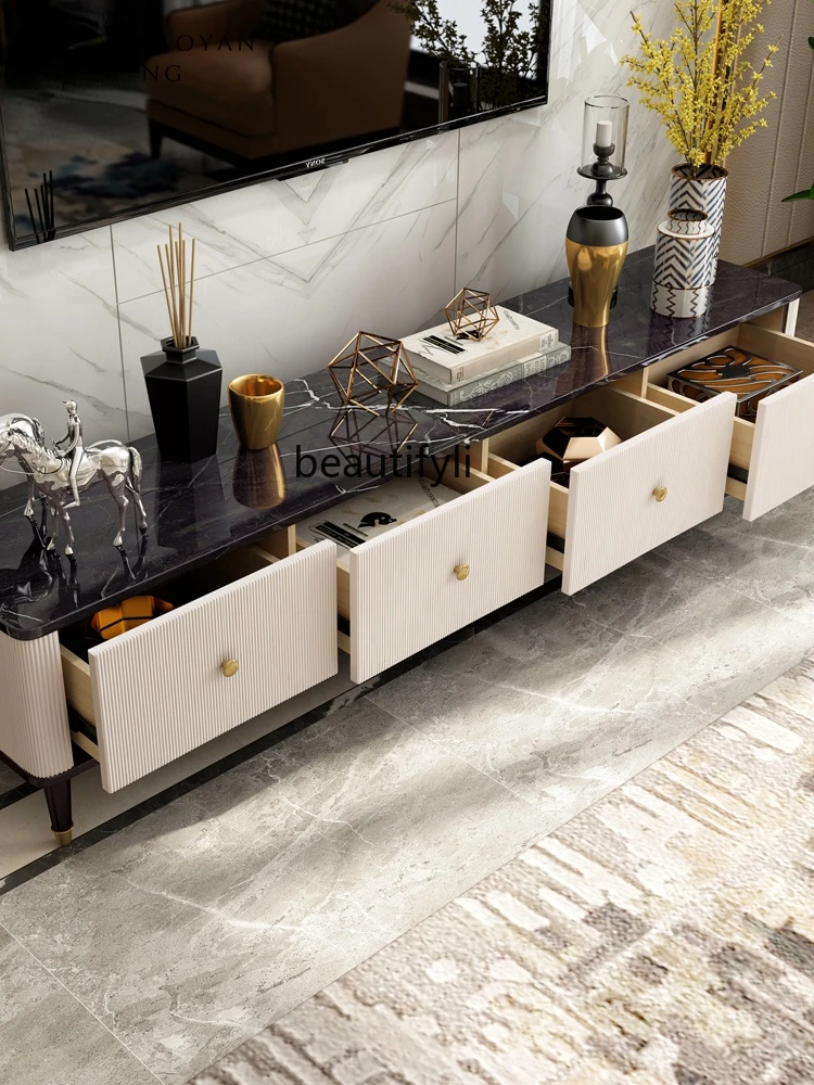 

zqModern Coffee Table TV Cabinet Combination Hong Kong Style Minimalist Modern Marble Floor Cabinet Living Room Furniture