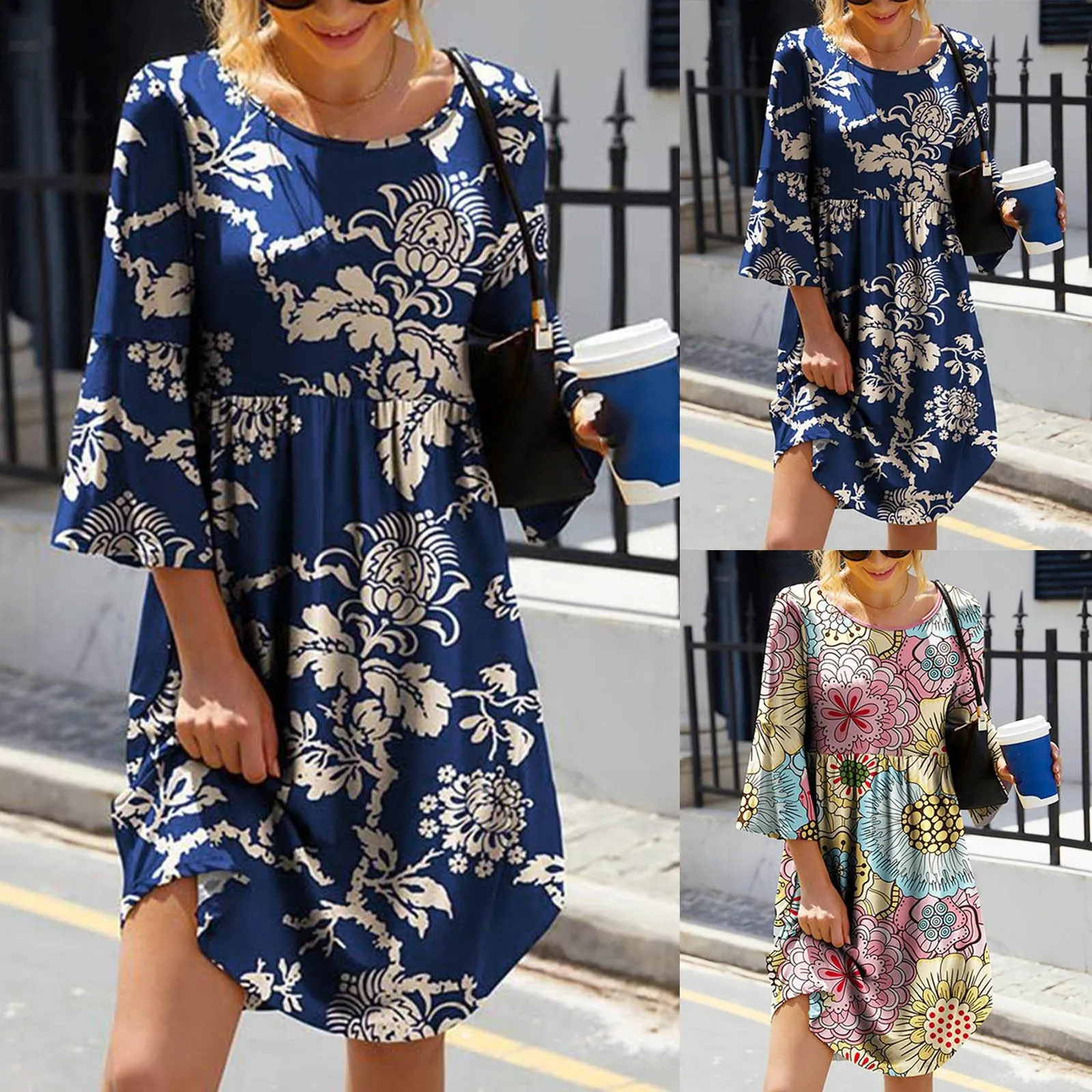 

Женское платье 2022 с круглым вырезом и принтом в стиле ретро, расклешенные рукава три четверти, пуловеры с высокой талией, платья