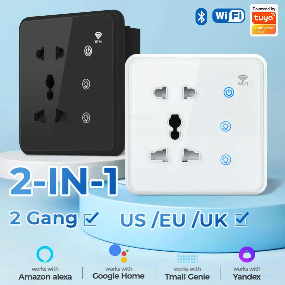 

Tuya Voice Control Wifi Wall Socket Abuess Smart Home Remote Control Us Eu Uk Standard Smart Socket 2 Gang Wifi Wall Socket 10A