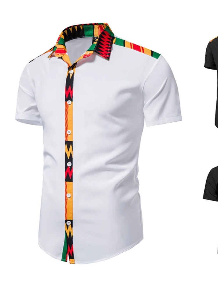 2022 New Men's Personality Shirts Short Sleeve African Print Patchwork Design Short Sleeve Button Shirts Traditional Shirts
