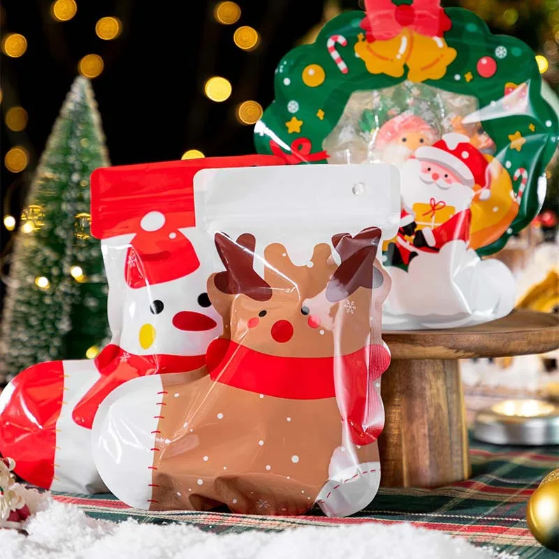 

10pcs Christmas Gift Bag For Candy Chocolate Cookie Nougat Biscuit Packing Gift Tree Santa Zipper Bags