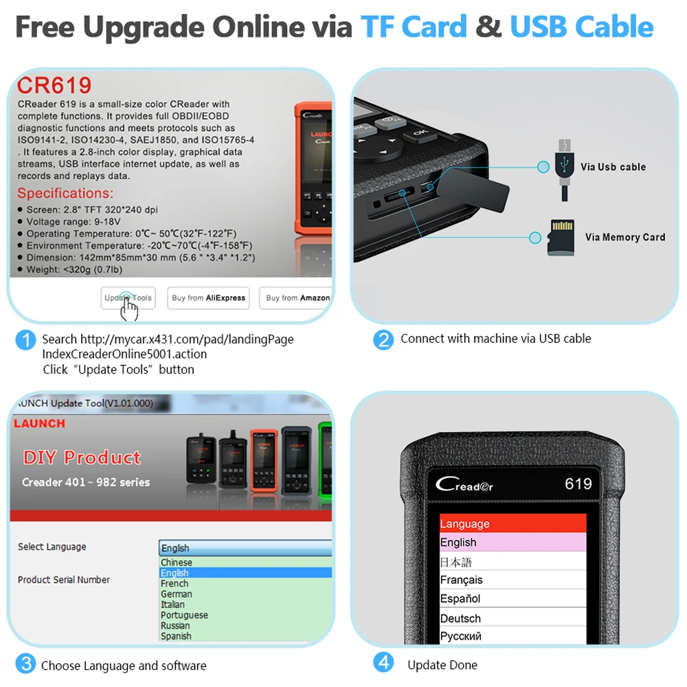 LAUNCH CR619 Автомобильный диагностический инструмент OBD2 для чтения и очистки ошибок двигателя, ABS и подушек безопасности SRS ODB OBD 2 автомобильный сканер X431.